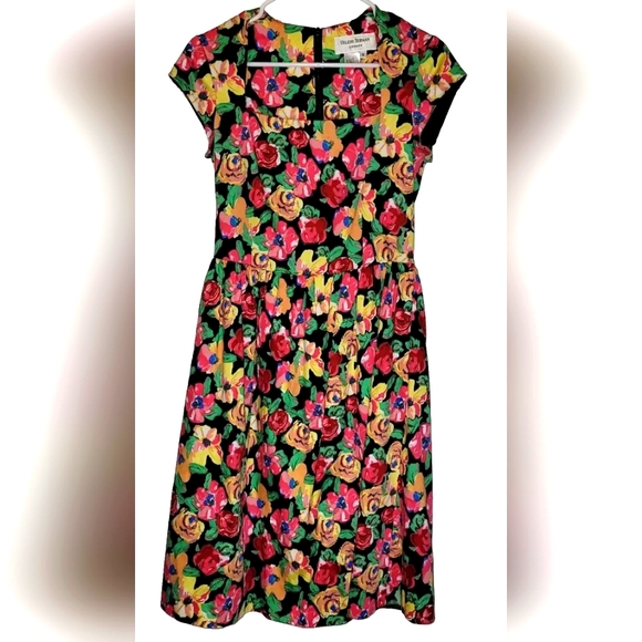 London Designer Helene Berman Floral Dress Size 6 Black Lining With Tulle - Picture 1 of 12